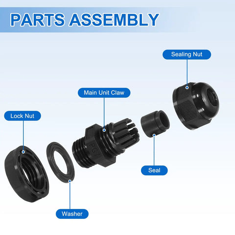 Exploded view of 30 pcs PG7 cable glands adjustable 3-6.5mm PA6 nylon IP68 waterproof connectors with seals for industrial use, black