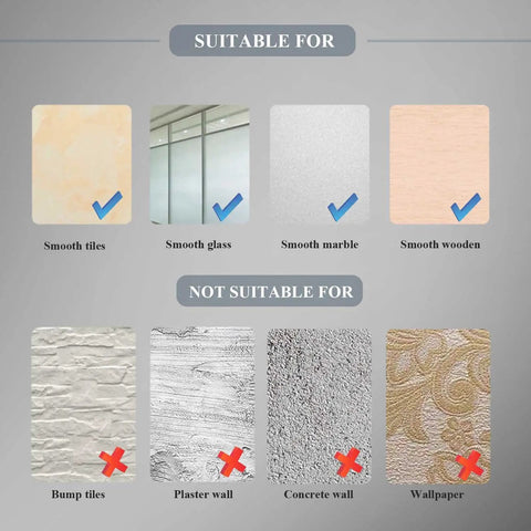 No Drill Shower Head Holder With Ultra Strong Adhesive Stick On Mount suitability chart for smooth surfaces like tile and glass.