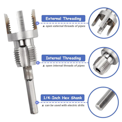 Mesee 3 Piece Pipe Threading Tool Kit With Internal External Tube Thread Cutter For 1/2 Inch 3/4 Inch And 1 Inch PVC Pipes Featuring dual function blades for internal and external threading.