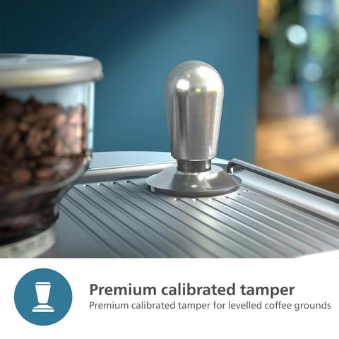 Premium calibrated tamper on kitchen counter for level coffee grounds, part of Semi Automatic Espresso Machine With Drip Free Barista Creations 58 Millimeter Portafilter Dual Bean Holder And One Touch Americano Button For Straight Fire Home Latte Shots To Skip The Fancy Cafe Lines Completely.