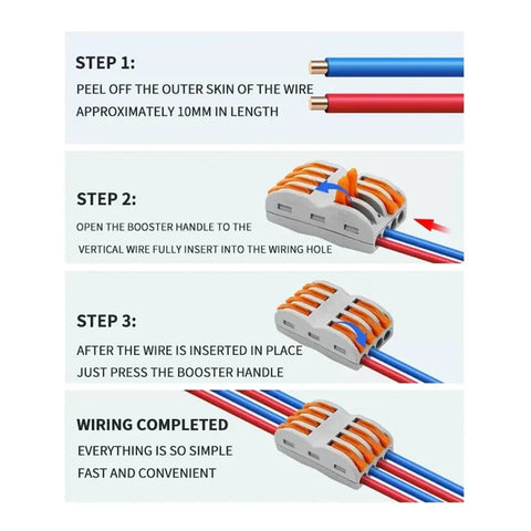 Kickstart Your Next Wiring Job With These Super Fast Push In Wire Connectors That Handle Solid And Stranded Cables Perfectly For Home Junctions. Step guide showing push-in wire connectors for solid and stranded cables, 32A 250V, with stripped wires inserted.