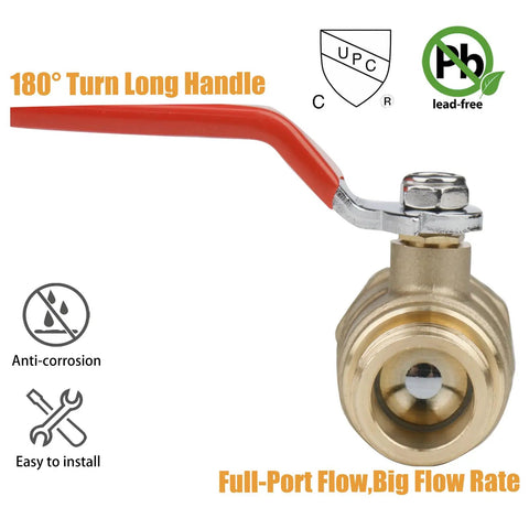 Lead Free Brass Water Heater Drain Valve With Three Quarter Inch MIP To Three Quarter Inch Male GHT Connection Full Port High Flow Up To 250 PSI with long red handle