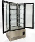 Commercial Upright Freezer With Two Swing Glass Doors And Four Side Transparent Panels Delivers Hella Spacious Ice Cream Display, open view of shelves.