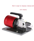Heavy Duty Pneumatic Crimper Terminal Tool For Fast Electric Wire Compression with a red body and black handle on a gray base.