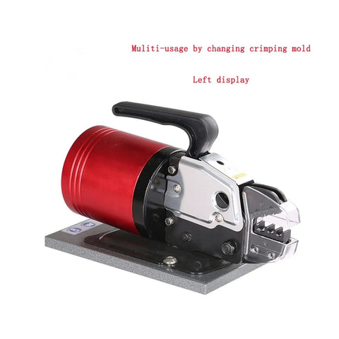 Heavy Duty Pneumatic Crimper Terminal Tool For Fast Electric Wire Compression with a red body and black handle on a gray base.