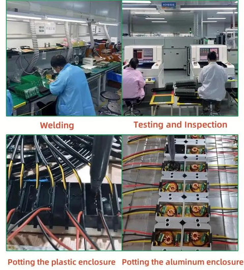 Manufacturing process of Heavy Duty Dc Step Up Voltage Regulator 12V To 24V 20 Amps 480W modules with welding and testing.