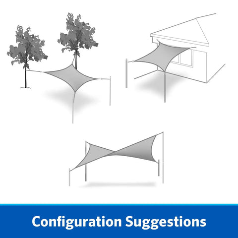 Diagram showing installation options for Easy Install Shade Sail With Pre Attached Ropes No Tools Needed 11 Ft 10 In By 8 Ft.