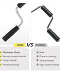 Comparison of stainless steel strap winder vs iron alternative, highlighting non-slip handle and durability for flatbed trucks and cargo trailers.