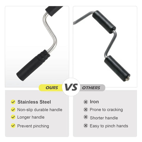 Comparison of stainless steel strap winder vs iron alternative, highlighting non-slip handle and durability for flatbed trucks and cargo trailers.