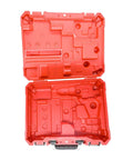Open red hard case for Compact Half Inch Hammer Drill Driver Kit With M18 Cordless Power, 1.5Ah Battery, Quick Charger, And Durable Hard Case.