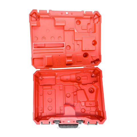 Open red hard case for Compact Half Inch Hammer Drill Driver Kit With M18 Cordless Power, 1.5Ah Battery, Quick Charger, And Durable Hard Case.
