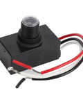 Exterior Dusk To Dawn Photocell Sensor With Auto On Off For Outdoor Lights, black unit with wires, compact design