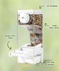 No Sweat Semi Enclosed Automatic Bird Feeder With Generous Fifty Ml Seed Stash For Parrots Canaries And Cockatiels, showing 550ml capacity and top opening.