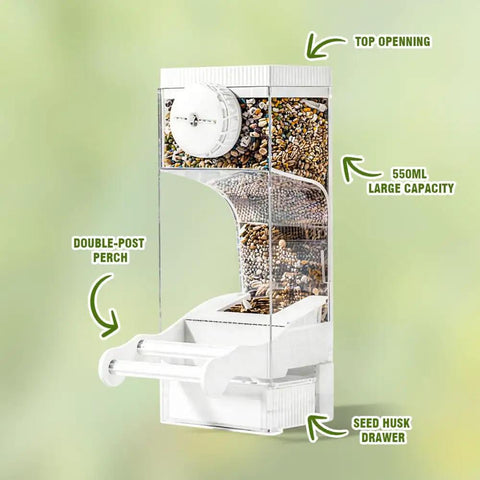 No Sweat Semi Enclosed Automatic Bird Feeder With Generous Fifty Ml Seed Stash For Parrots Canaries And Cockatiels, showing 550ml capacity and top opening.