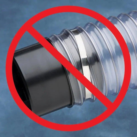 Hose connector with red 'no' symbol, highlighting use of Keyed Bridge Hose Clamps 4 Inch Stainless Steel Pack Of 5 For Seamless Tool Free Setup.