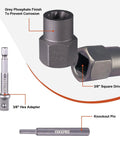 15 Piece Heavy Duty Bolt Extractor Set For Impact Three Eighth Inch Drive Remover Socket Tool Kit For Stripped Damaged Bolts Nuts Screws Removes Frozen Rusted Rounded Off Studs Chromium Molybdenum Steel Construction By YEKEPRO, showing socket, hex adapter, and knockout pin with gray phosphate finish.