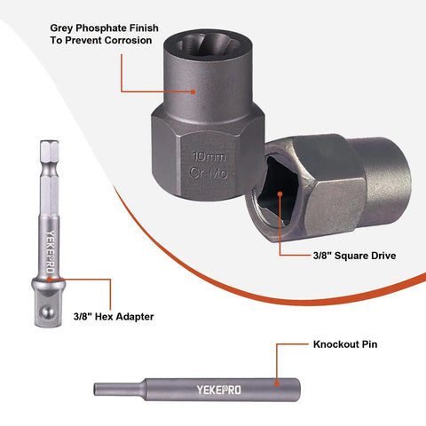 15 Piece Heavy Duty Bolt Extractor Set For Impact Three Eighth Inch Drive Remover Socket Tool Kit For Stripped Damaged Bolts Nuts Screws Removes Frozen Rusted Rounded Off Studs Chromium Molybdenum Steel Construction By YEKEPRO, showing socket, hex adapter, and knockout pin with gray phosphate finish.