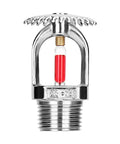 Eight Pack Heavy Duty Fire Sprinkler Heads 3 4 Inch Dn20 Solid Brass Chrome Plated 68 Degree Automatic Heat Trigger Built Different Top Tier Upward Ceiling Mount Setup close-up of chrome-plated sprinkler head with red heat indicator.
