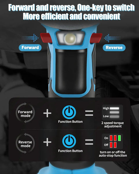 Close-up of 20V Cordless Impact Wrench controls with forward, reverse functions, and two-speed adjustment buttons.