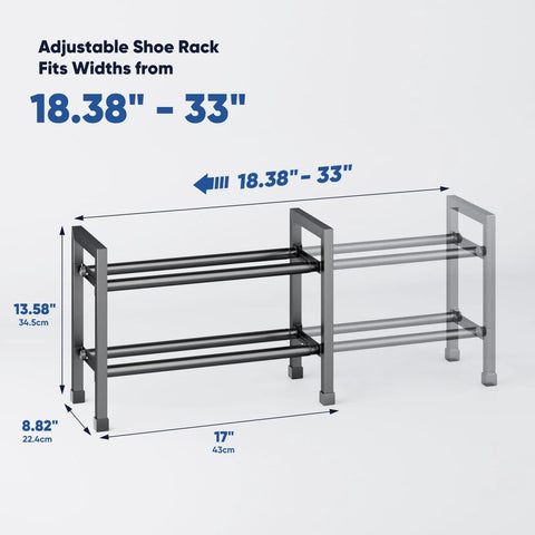Two Tier Expandable Shoe Rack That Grows From 17 To 33 Inches, Heavy Duty Metal Shoes Organizer, dimensions shown