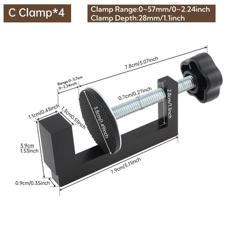 Badass 3 Inch C Clamps 4 Pack Heavy Duty Steel With Anti Slip Rubber Pads For Garage Projects Brake Service And Woodshop Builds showing clamp dimensions.