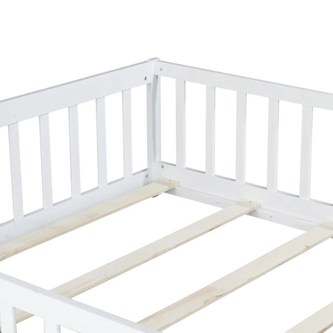 White Full Rubber Wood Floor Bed With Safety Guardrails And Fence Door, heavy duty foundation, close-up of guardrail and slats