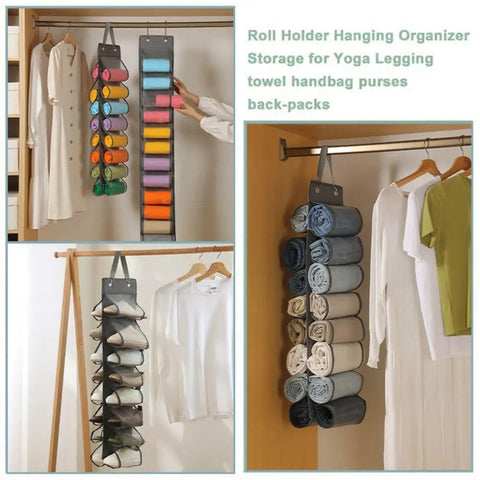 Top Tier Hanging Closet Organizer With Twenty Six Pockets For Leggings And Tees Plus Double Sided Oxford Fabric Rack in closet.