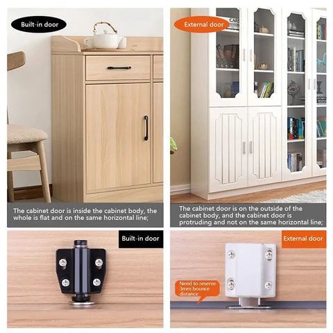 Comparison of built-in and external door installations with Heavy Duty Cabinet Door Push Latch With Magnetic Touch For Single Doors