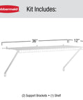 Three Foot Wide Wire Wall Shelf System With Mounting Hardware White Space Saving Organizer displaying dimensions and kit contents