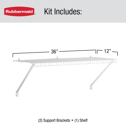 Three Foot Wide Wire Wall Shelf System With Mounting Hardware White Space Saving Organizer displaying dimensions and kit contents