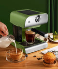 Espresso Machine With Built In Milk Frother, 20 Bar Pressure, Home Barista Level Coffee Maker For Rich Espresso, Cappuccino And Lattes, Quick Brew, Durable Pump System on kitchen counter with milk being poured into coffee cup