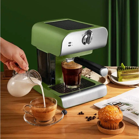 Espresso Machine With Built In Milk Frother, 20 Bar Pressure, Home Barista Level Coffee Maker For Rich Espresso, Cappuccino And Lattes, Quick Brew, Durable Pump System on kitchen counter with milk being poured into coffee cup