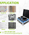Six-piece diamond core drill bit set in blue foam-lined case with sizes 19–102 mm for tile and masonry.