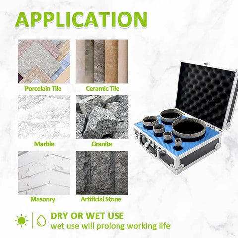 Six-piece diamond core drill bit set in blue foam-lined case with sizes 19–102 mm for tile and masonry.