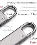 Comparison of zipper pull hooks showing a change from 2.5mm to 1.9mm diameter in Zipper Pull Replacement Metal Handle Kit for Luggage and Bags 4 Pack Zinc Alloy With Steel Spring Vintage Black Gloss Finish Easy Fix for Jackets Suitcases and Backpacks.