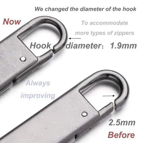 Comparison of zipper pull hooks showing a change from 2.5mm to 1.9mm diameter in Zipper Pull Replacement Metal Handle Kit for Luggage and Bags 4 Pack Zinc Alloy With Steel Spring Vintage Black Gloss Finish Easy Fix for Jackets Suitcases and Backpacks.