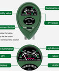 Three In One Soil Tester with Moisture, Light and PH Meter for gardening and lawn care, digital display with labels, no batteries needed.