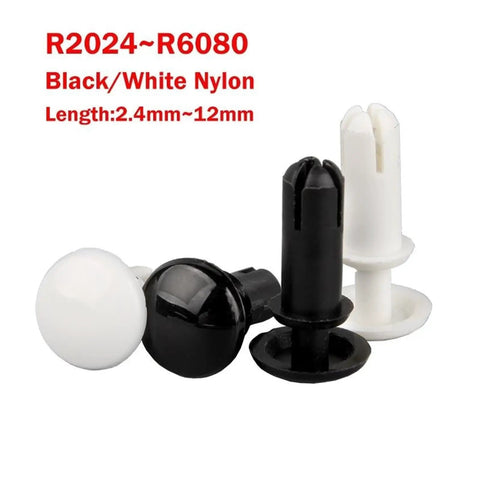 Rugged Nylon Rivet Clips Black And White Universal Auto Trim Fasteners in various sizes, ideal for quick panel installation.