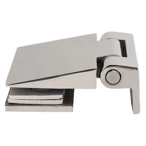 Side view of stainless steel glass door hinge for home bathrooms inclined single side hinge heavy duty 304 grade built to last