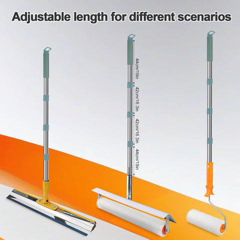 Self Leveling Concrete Tool Kit With Floor Roller And 68 Inch Extension Pole, splash guard and rake displayed