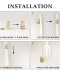 Installation steps for Wine Bottle Torch Kit 4 Pack With Long Life Fiberglass Wicks, Brass Wick Holders And Brass Caps.