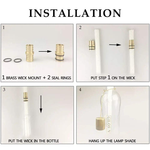 Installation steps for Wine Bottle Torch Kit 4 Pack With Long Life Fiberglass Wicks, Brass Wick Holders And Brass Caps.