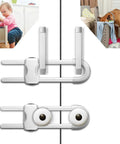 6PCS Baby Cabinet Locks With Adjustable U Shaped Design For Drawers Cabinets Gates And Furniture Doors Multifunctional Kid Safety Locks With Secure Lock Buttons To Keep Curious Kids Out displayed in use preventing infants and pets from accessing drawers and cabinets.