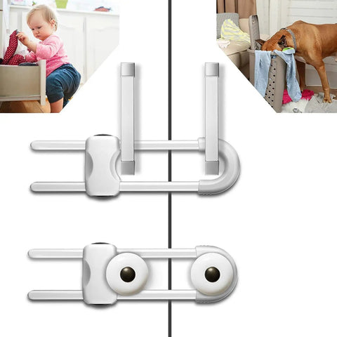 6PCS Baby Cabinet Locks With Adjustable U Shaped Design For Drawers Cabinets Gates And Furniture Doors Multifunctional Kid Safety Locks With Secure Lock Buttons To Keep Curious Kids Out displayed in use preventing infants and pets from accessing drawers and cabinets.