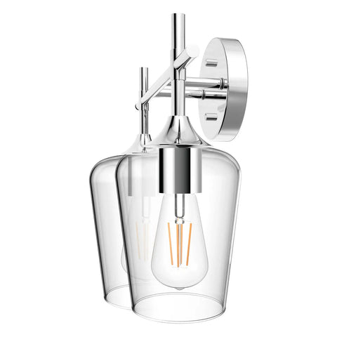 Chrome Two Light Bathroom Fixture With Clear Glass Wall Mount Sconce showing industrial style bath light with durable metal finish.