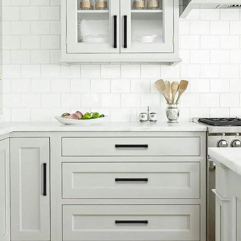 Kitchen with 60 Pack Sleek Matte Black Square Cabinet Handles Drawer Pulls For Kitchen Cabinets Wardrobe And Furniture Stainless Steel Hardware With Five Inch Center To Center Hole And Five And One Half Inch Length One Half Inch Width One Half Inch Thick on white cabinets