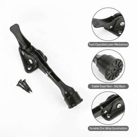 Foot Operated Door Stop For Hands Free Entryway Access, Zinc Alloy Floor Holder with pedal activation, screws included