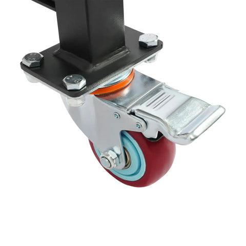 Durable Adjustable Conveyor Rollers With Wheels For Heavy Lifting Projects Expandable Work Table Supporting Up To 176 lbs showing a metal wheel with brake.