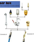 Diagram of connections in Ultimate 22-Piece All-In-One Pro-Grade Air Compressor Accessories Kit with fittings and nozzles.