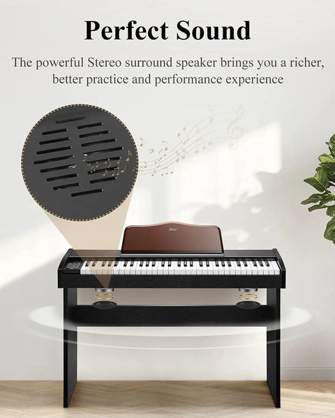 61 Key Starter Keyboard Piano With Classic Wooden Frame Electric Digital Piano Sustain Pedal Music Stand USB MP3 Audio Mic and Headphone Support Kid Friendly Gift For Girls Daughter Birthday, front view with sound detail.